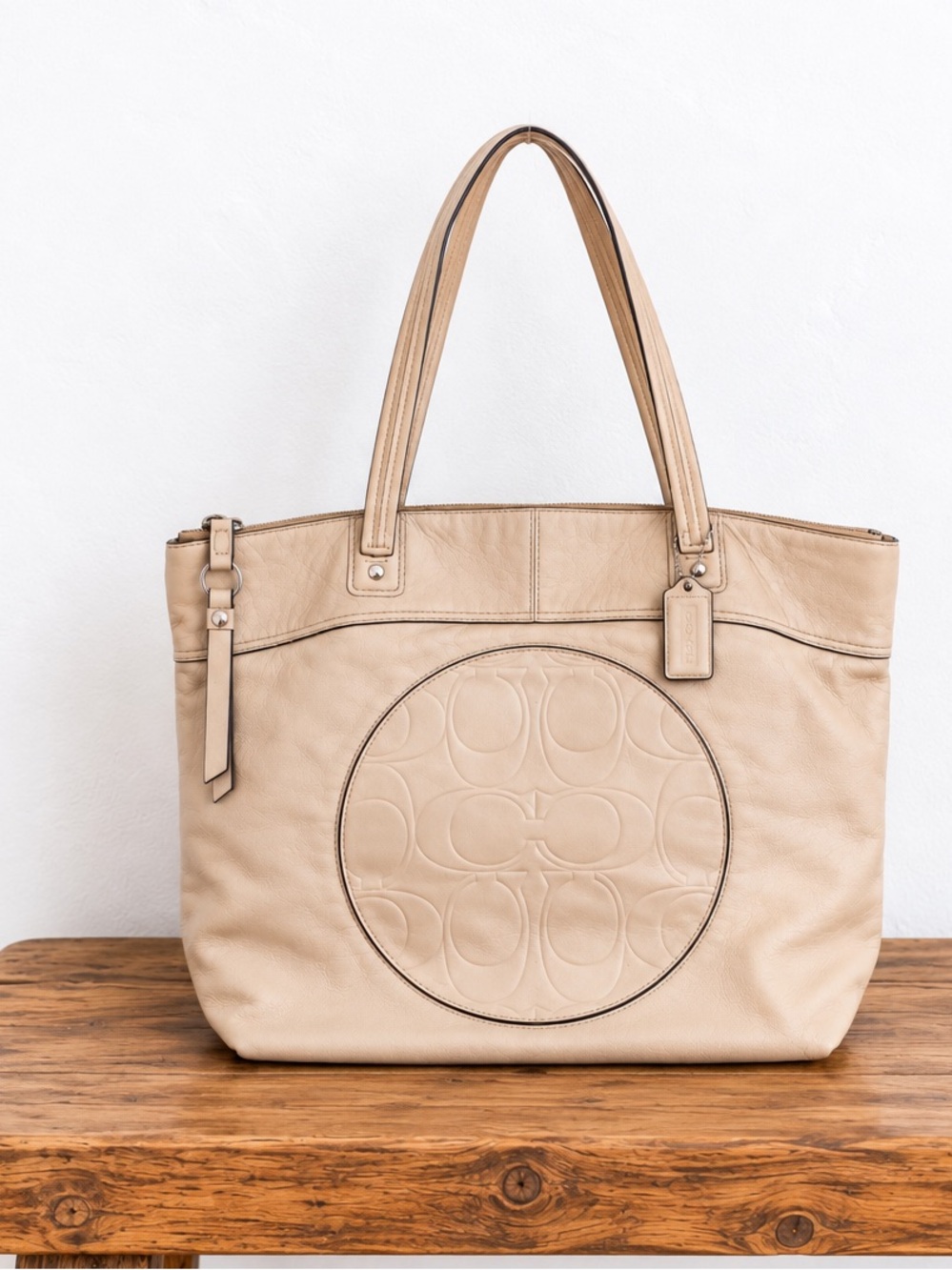 Coach Laura F18336 Signature Embossed Leather Large Tote – Taupe Beige